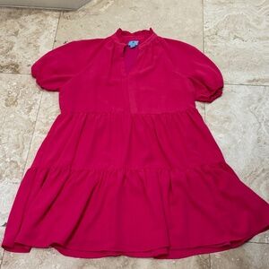 CECE Women's Pink Ruffle V-Neck Short Puffed Sleeve Tiered Mini Dress Sz. Lg EUC